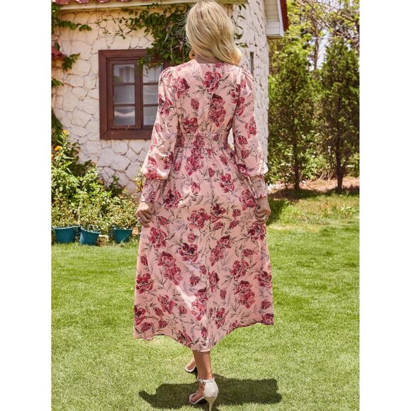 Women's Floral Maxi Dress Long Sleeve V Neck Boho Beach Party Wedding Casual - Picture 5 of 7